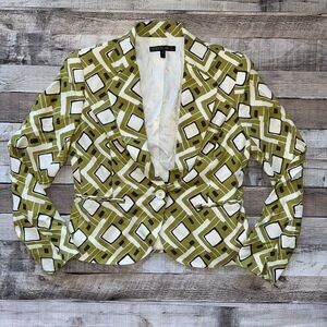 Vintage 90s Lafayette 148 Green White Retro Abstract Shoulder Pads Blazer | 6